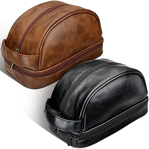 Paterr 2 Pcs Leather Toiletry Pouch for Men Women Durable Travel Shaving Kit Bag Upper and Lower Zippered Compartments for Toiletries Accessories