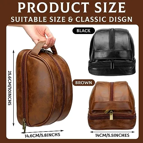 Paterr 2 Pcs Leather Toiletry Pouch for Men Women Durable Travel Shaving Kit Bag Upper and Lower Zippered Compartments for Toiletries Accessories