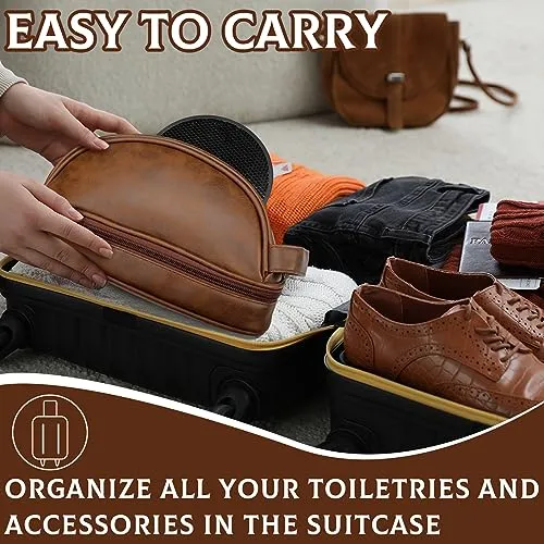 Paterr 2 Pcs Leather Toiletry Pouch for Men Women Durable Travel Shaving Kit Bag Upper and Lower Zippered Compartments for Toiletries Accessories