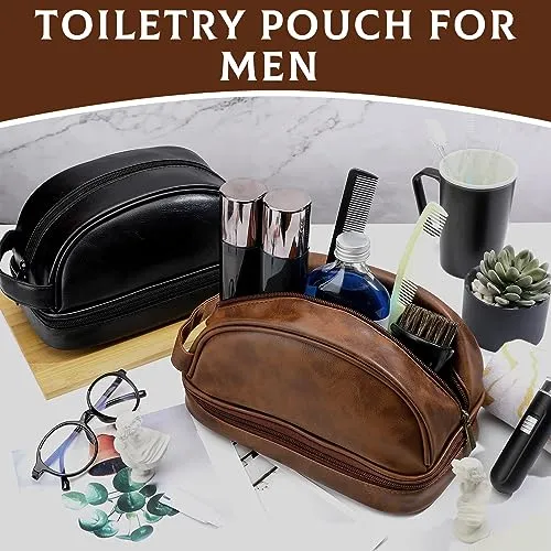 Paterr 2 Pcs Leather Toiletry Pouch for Men Women Durable Travel Shaving Kit Bag Upper and Lower Zippered Compartments for Toiletries Accessories