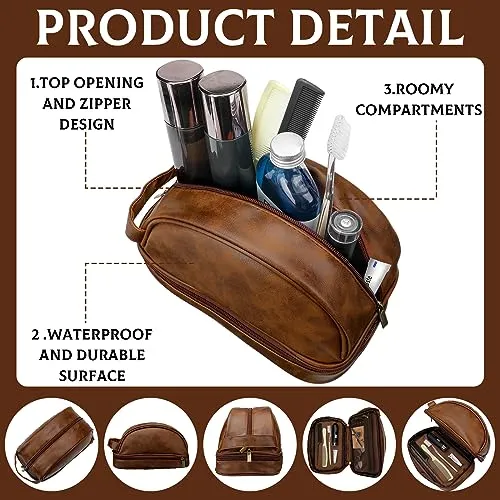 Paterr 2 Pcs Leather Toiletry Pouch for Men Women Durable Travel Shaving Kit Bag Upper and Lower Zippered Compartments for Toiletries Accessories