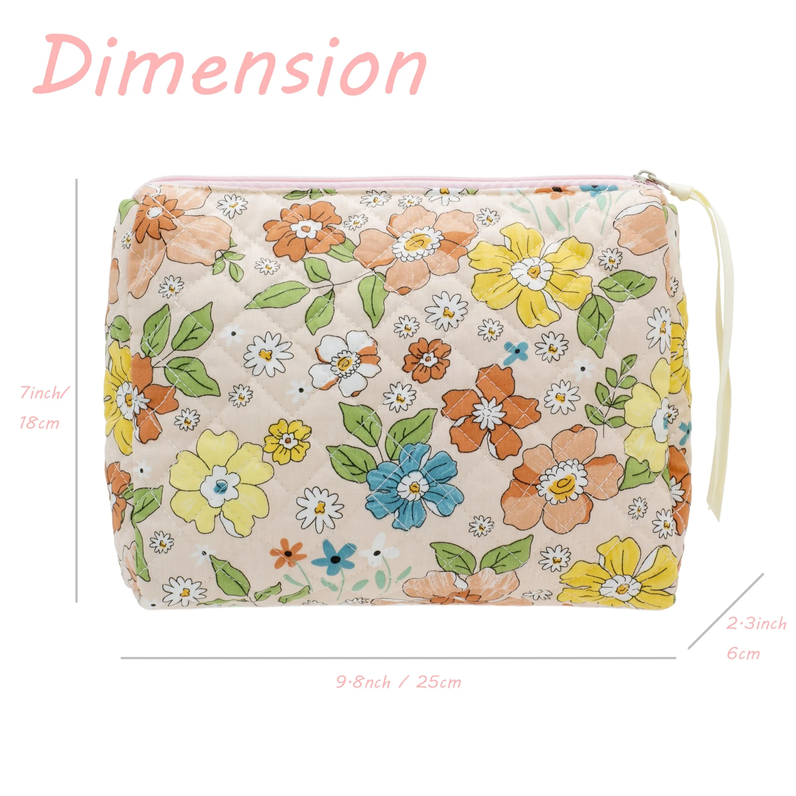 PAZIMIIK Cotton Makeup Bag for Women Large Quilted Travel Cosmetic Pouch Girls' Make Up Organizer,Floral Orange