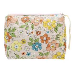 PAZIMIIK Cotton Makeup Bag for Women Large Quilted Travel Cosmetic Pouch Girls' Make Up Organizer,Floral Orange