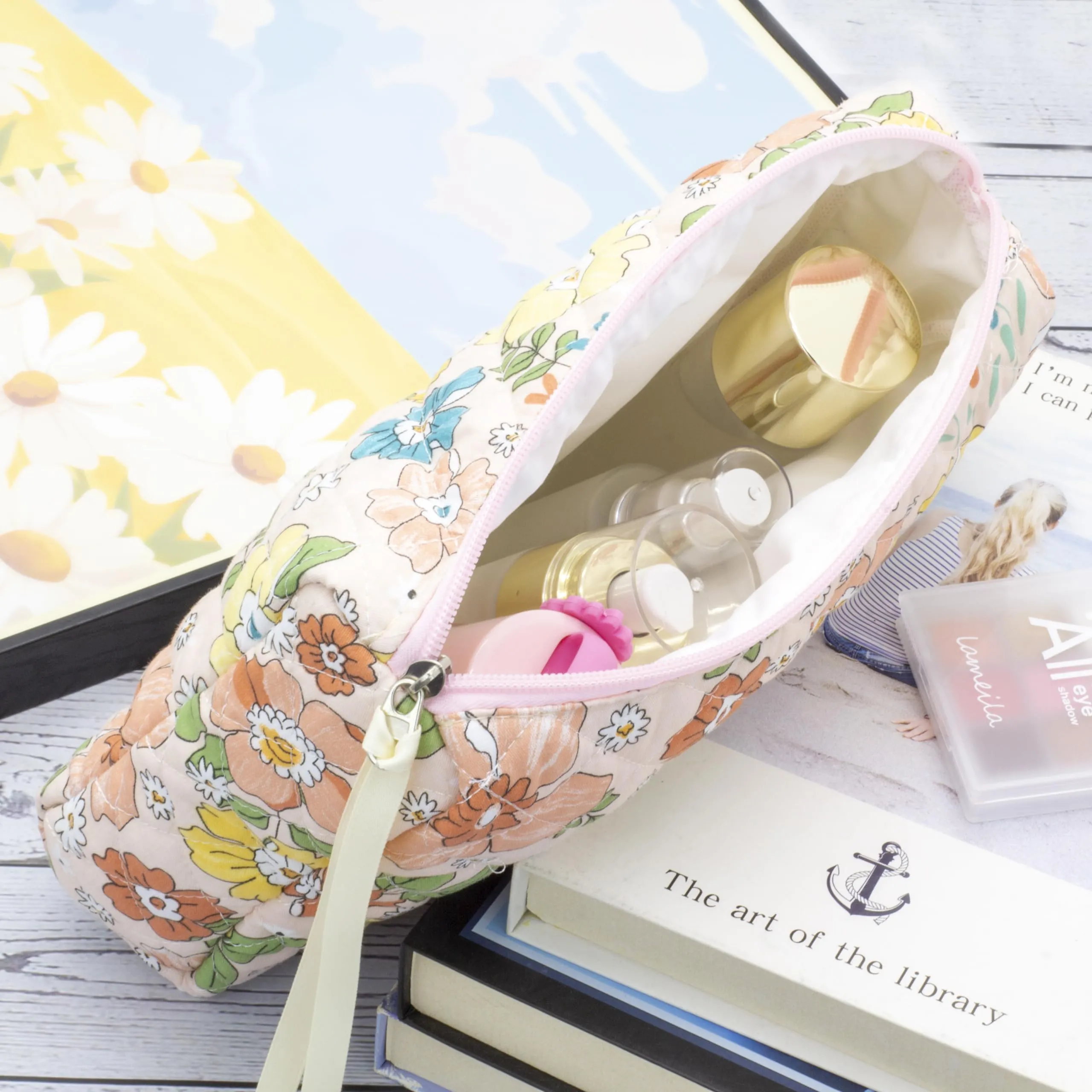 PAZIMIIK Cotton Makeup Bag for Women Large Quilted Travel Cosmetic Pouch Girls' Make Up Organizer,Floral Orange