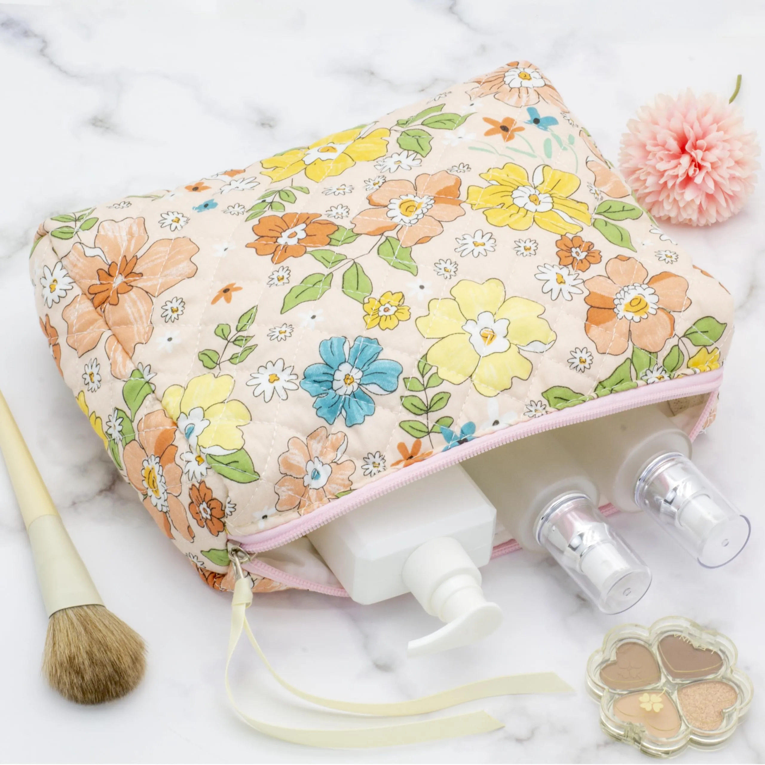PAZIMIIK Cotton Makeup Bag for Women Large Quilted Travel Cosmetic Pouch Girls' Make Up Organizer,Floral Orange