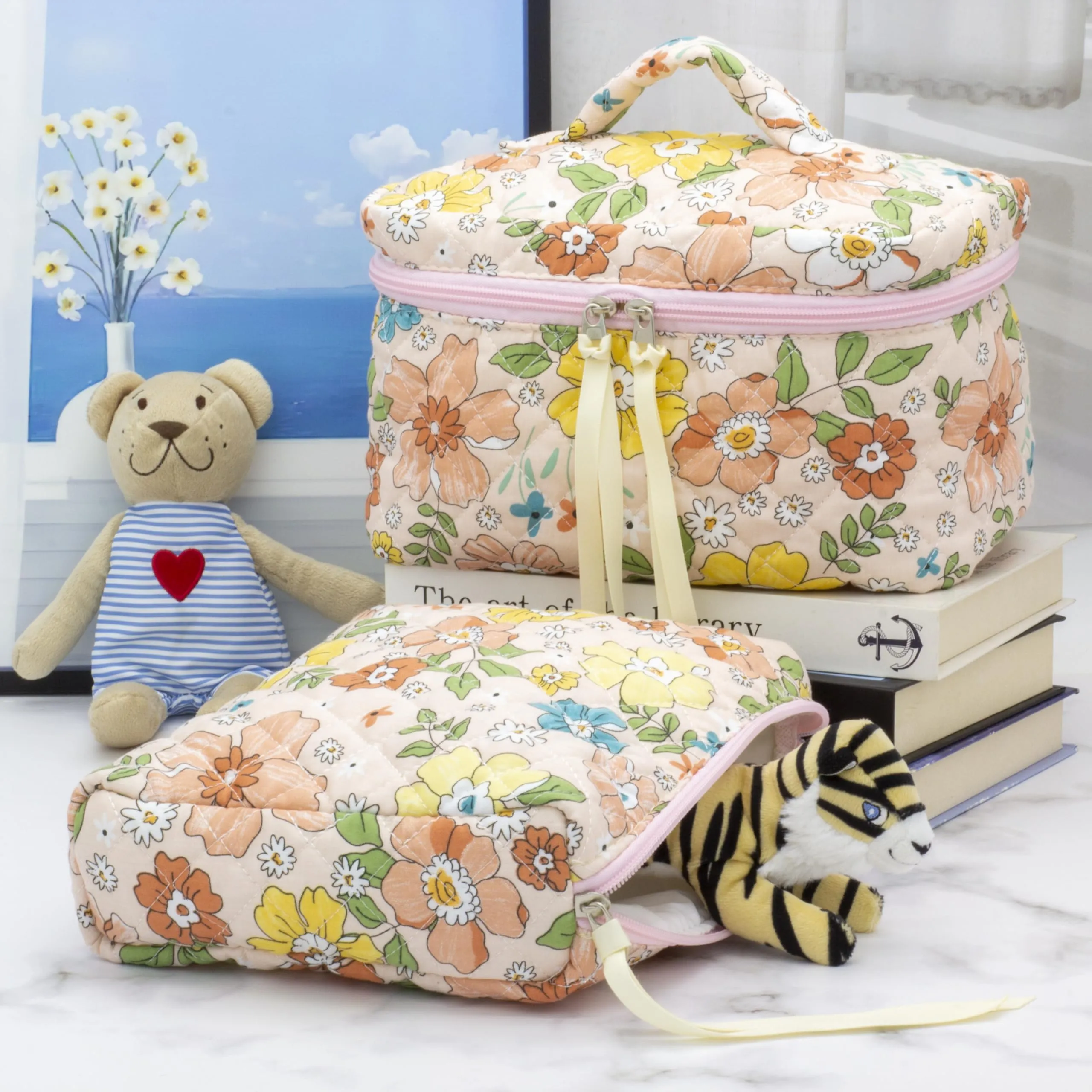 PAZIMIIK Cotton Makeup Bag for Women Large Quilted Travel Cosmetic Pouch Girls' Make Up Organizer,Floral Orange