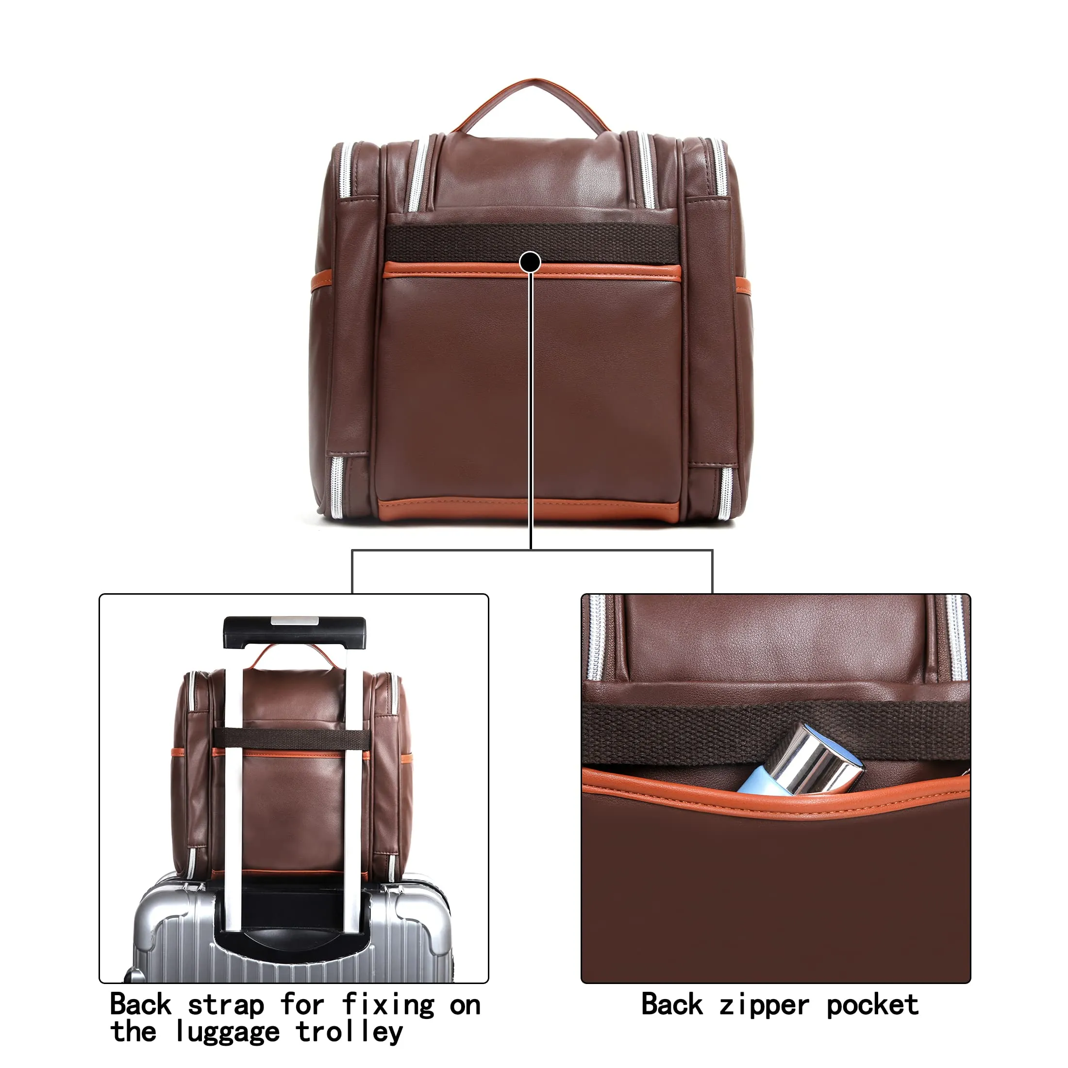 Pearl Angeli Large Hanging Toiletry Bag for Travel Waterproof Makeup Bag PU Leather Cosmetic Bag(Coffee)