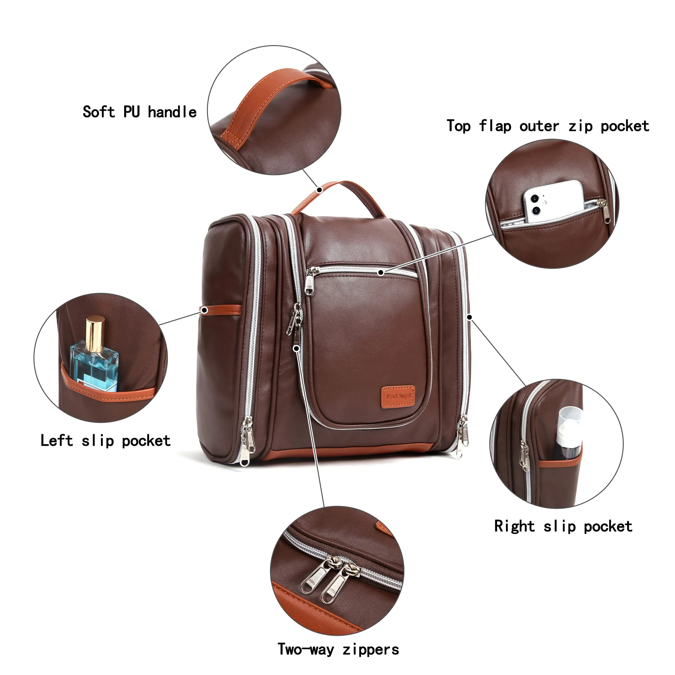 Pearl Angeli Large Hanging Toiletry Bag for Travel Waterproof Makeup Bag PU Leather Cosmetic Bag(Coffee)