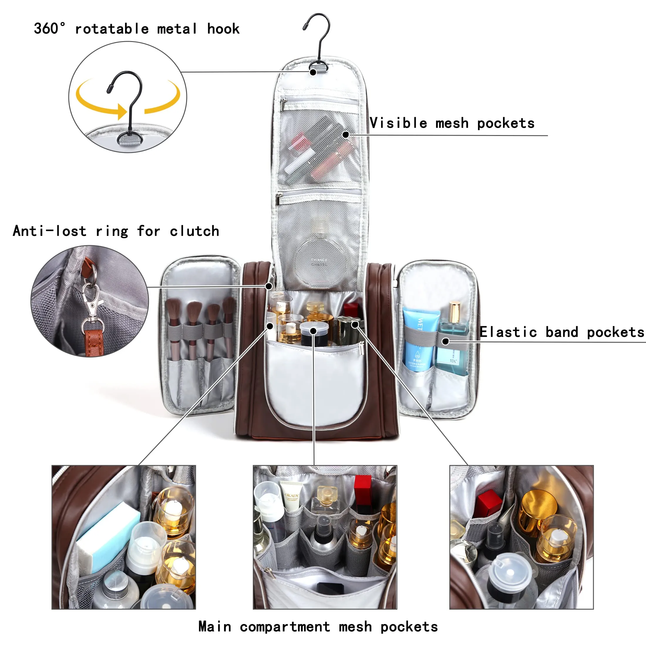 Pearl Angeli Large Hanging Toiletry Bag for Travel Waterproof Makeup Bag PU Leather Cosmetic Bag(Coffee)