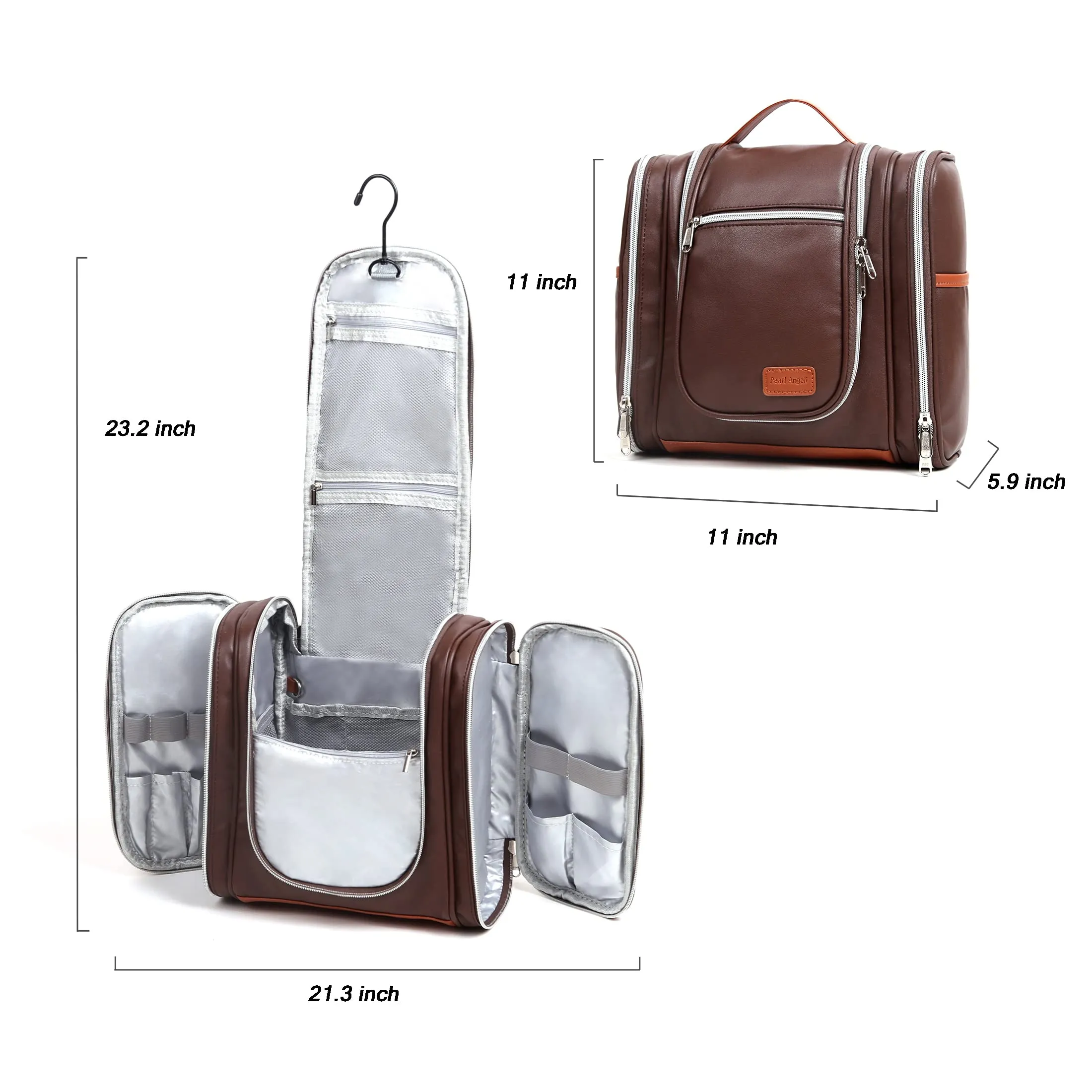 Pearl Angeli Large Hanging Toiletry Bag for Travel Waterproof Makeup Bag PU Leather Cosmetic Bag(Coffee)