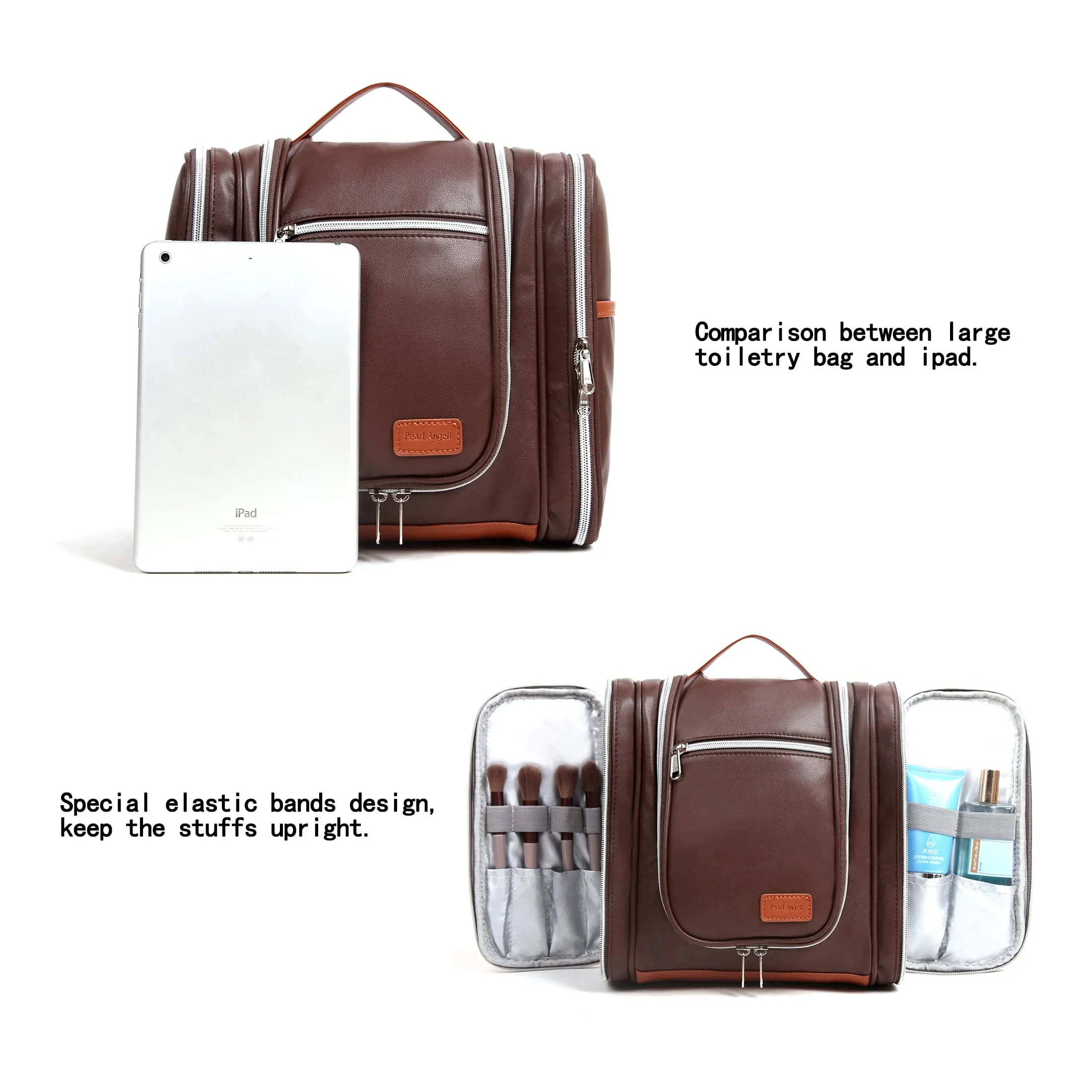 Pearl Angeli Large Hanging Toiletry Bag for Travel Waterproof Makeup Bag PU Leather Cosmetic Bag(Coffee)