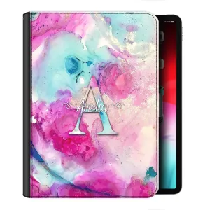 Personalised Leather iPad Case - Pink Multicolour Swirl Marble with Text