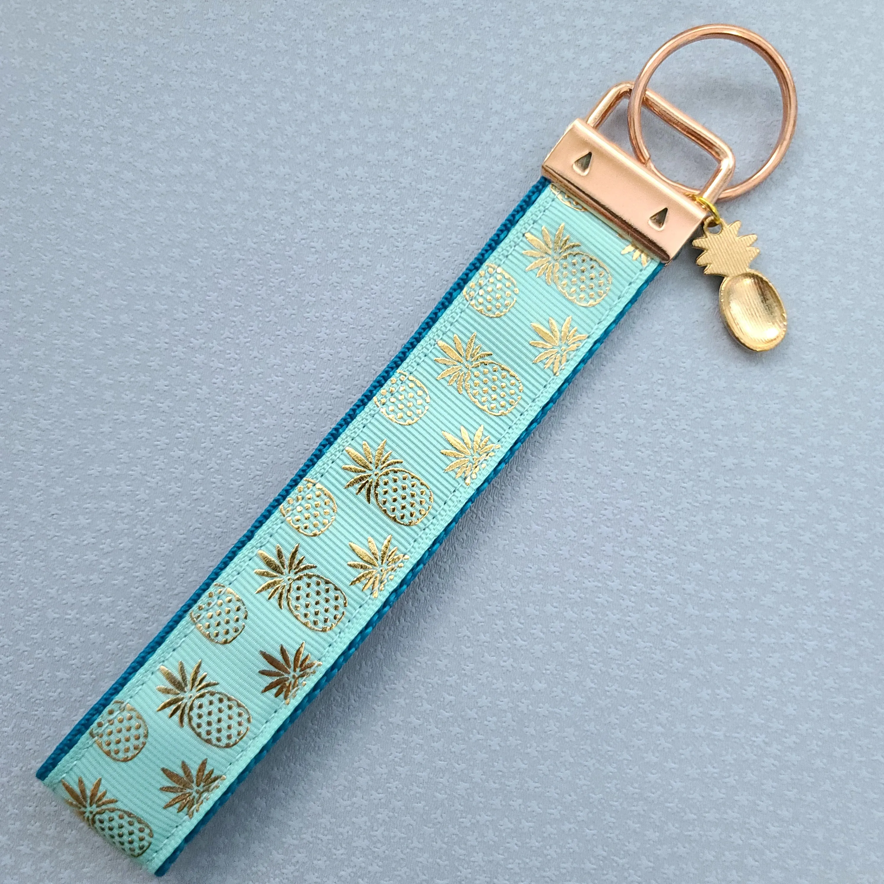Pineapple Rose Gold Key Chain Fob - Foil printed Golden Pineapples with Adorable Pineapple Charm