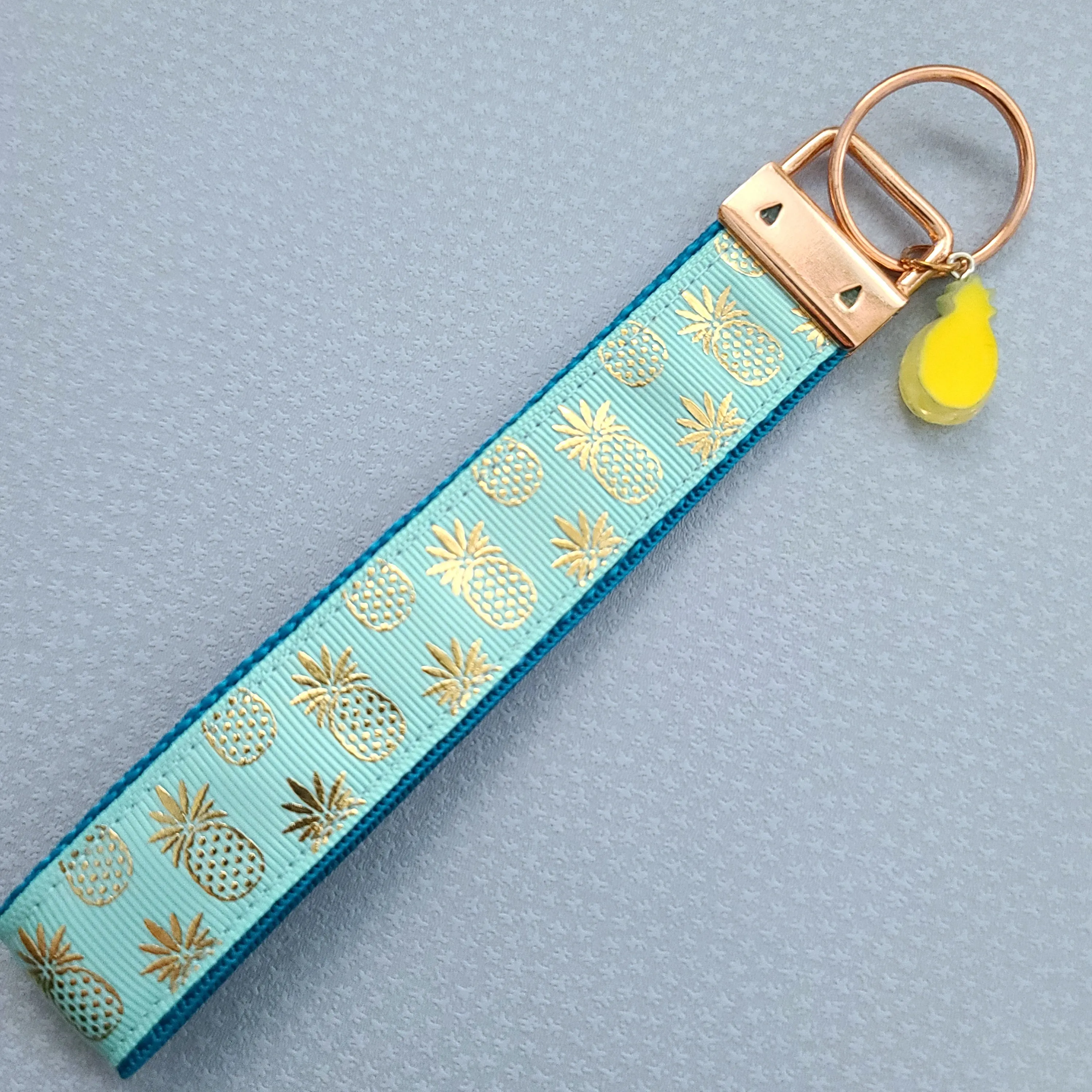 Pineapple Rose Gold Key Chain Fob - Foil printed Golden Pineapples with Adorable Pineapple Charm