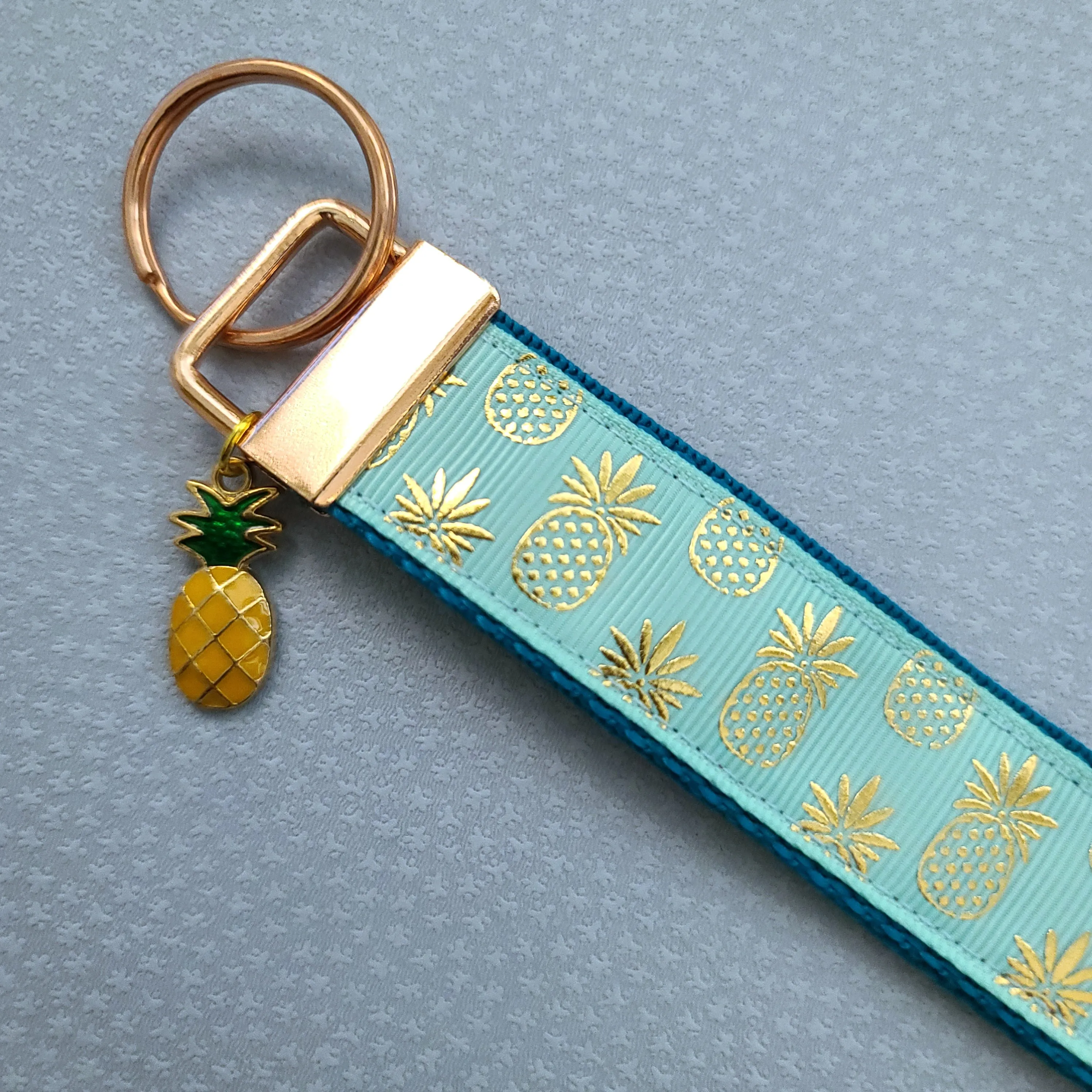 Pineapple Rose Gold Key Chain Fob - Foil printed Golden Pineapples with Adorable Pineapple Charm