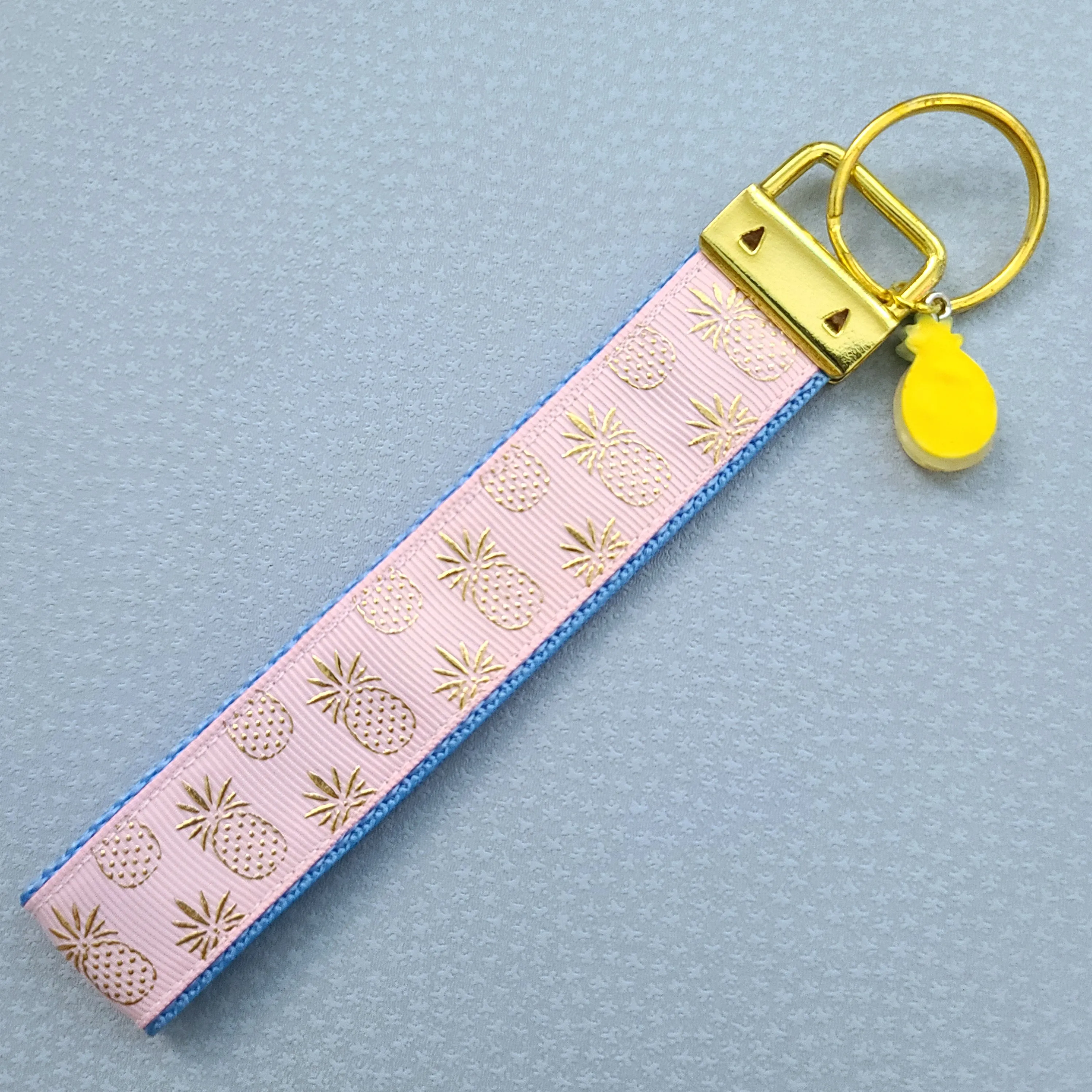 Pineapple Rose Gold Key Chain Fob - Foil printed Golden Pineapples with Adorable Pineapple Charm