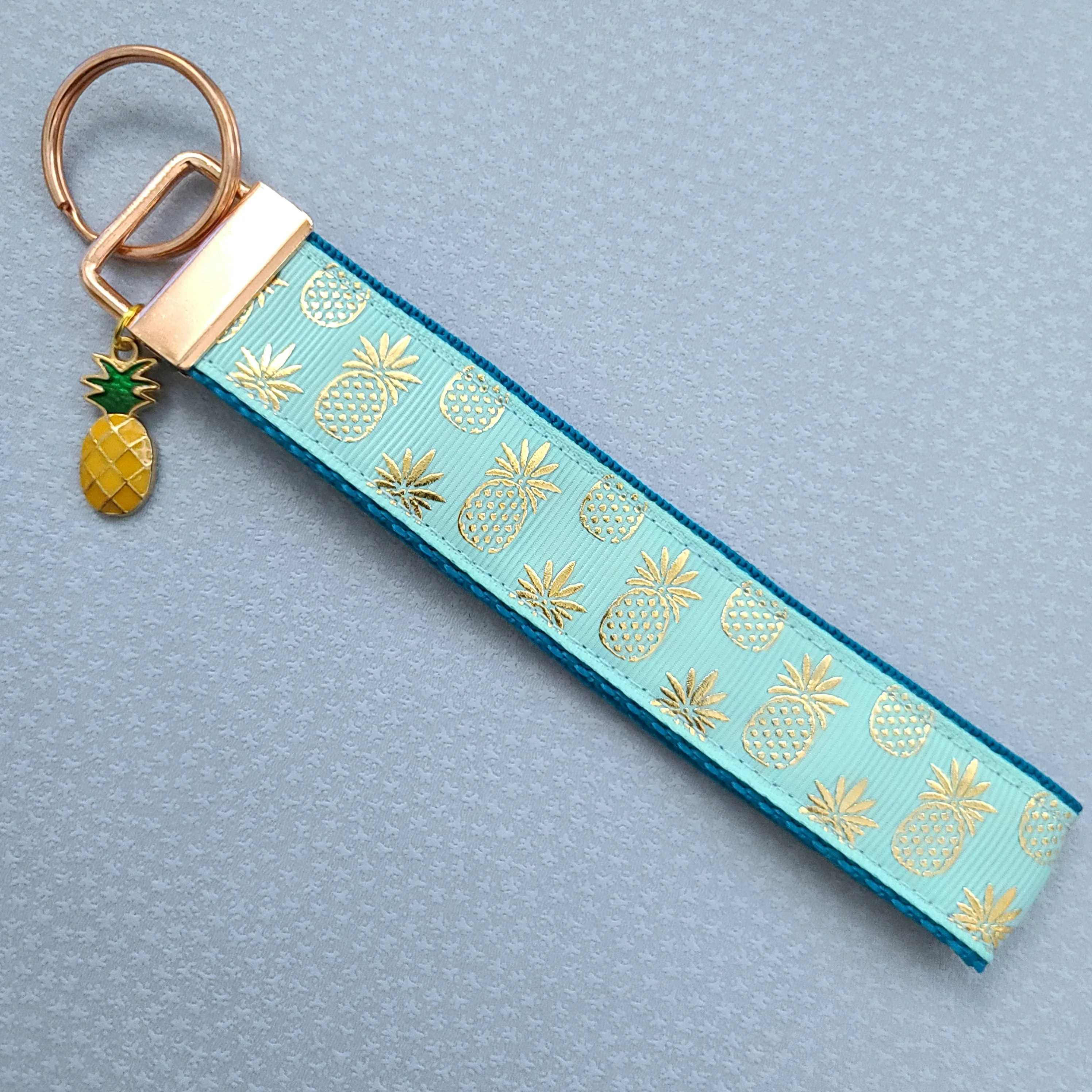 Pineapple Rose Gold Key Chain Fob - Foil printed Golden Pineapples with Adorable Pineapple Charm