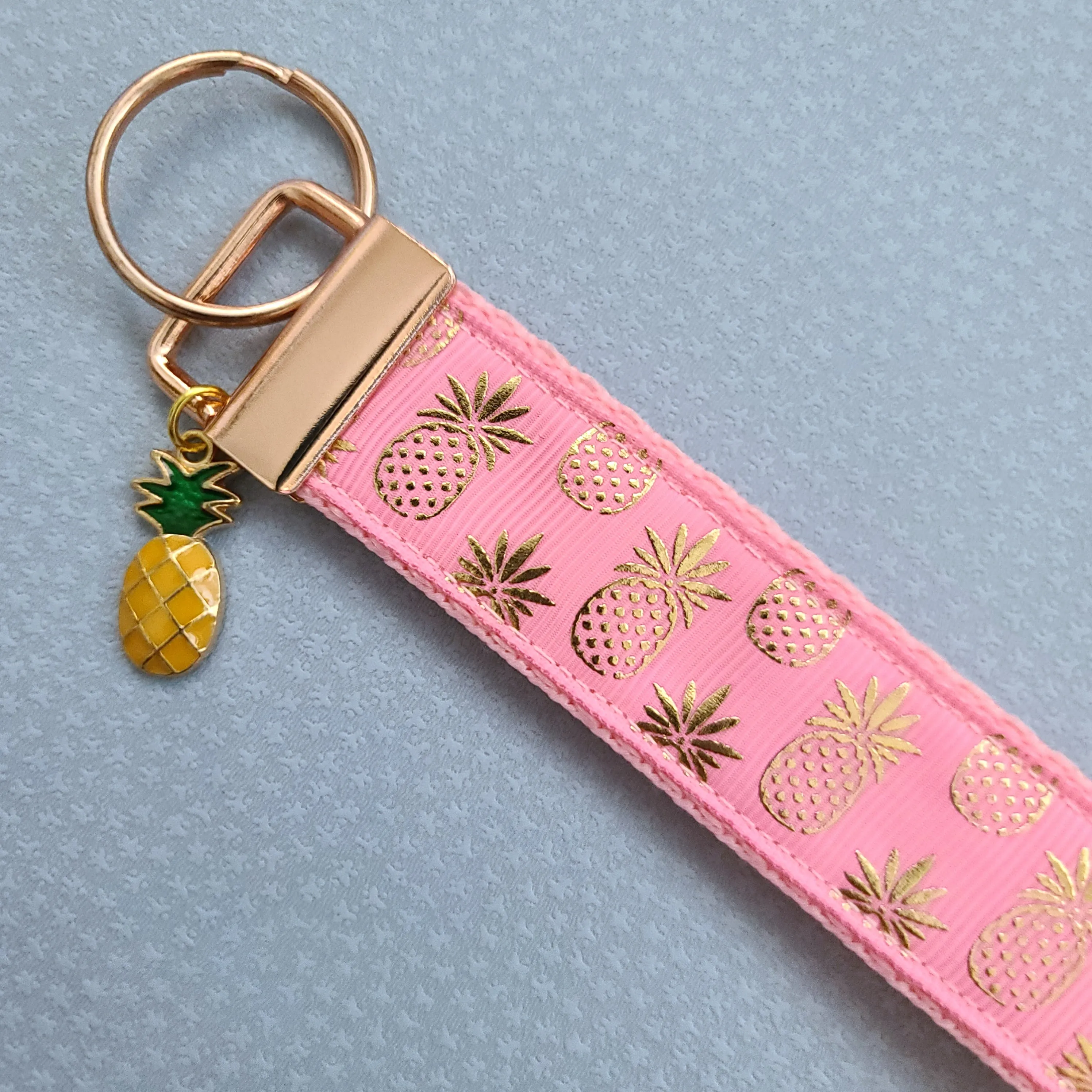 Pineapple Rose Gold Key Chain Fob - Foil printed Golden Pineapples with Adorable Pineapple Charm
