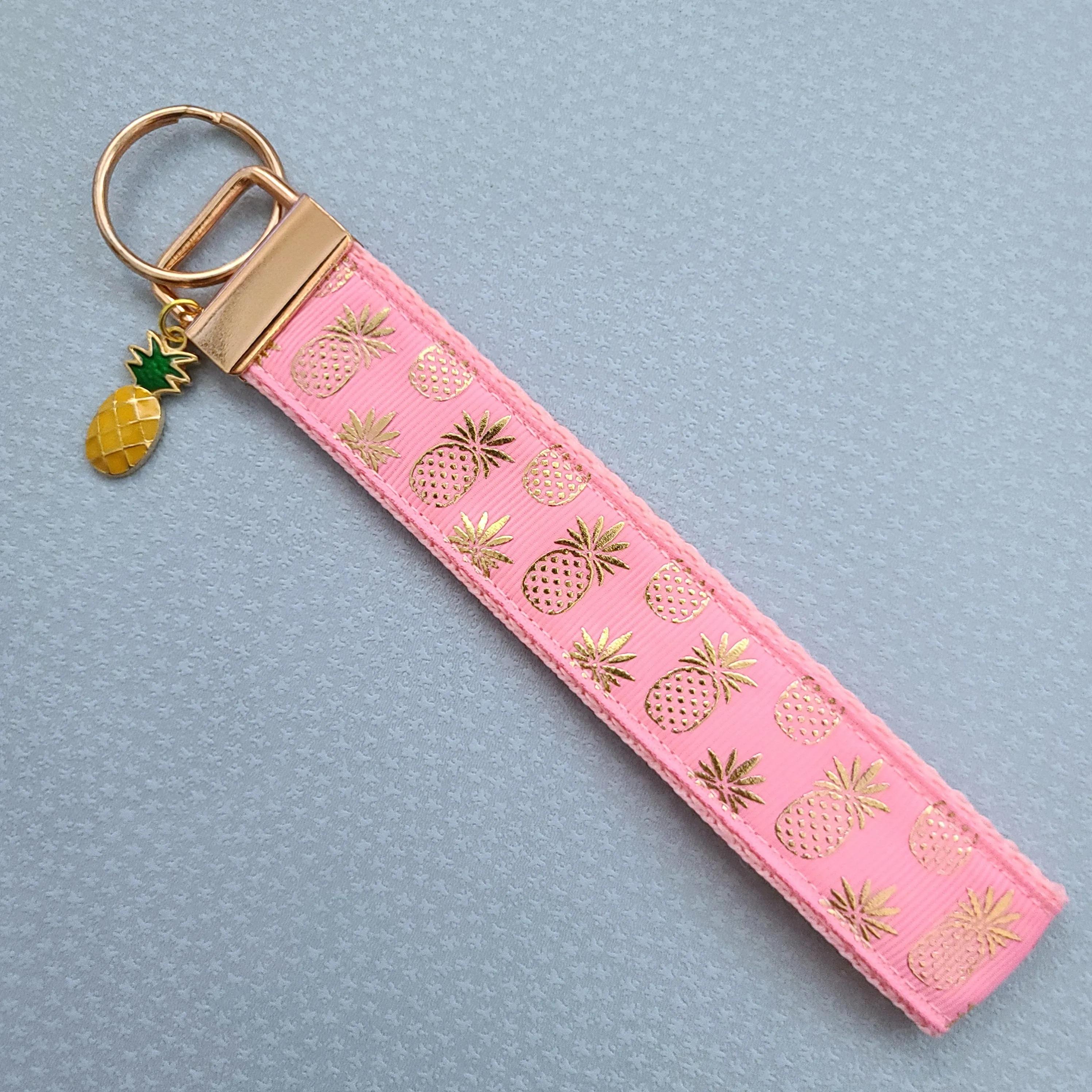 Pineapple Rose Gold Key Chain Fob - Foil printed Golden Pineapples with Adorable Pineapple Charm