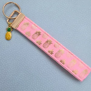Pineapple Rose Gold Key Chain Fob - Foil printed Golden Pineapples with Adorable Pineapple Charm
