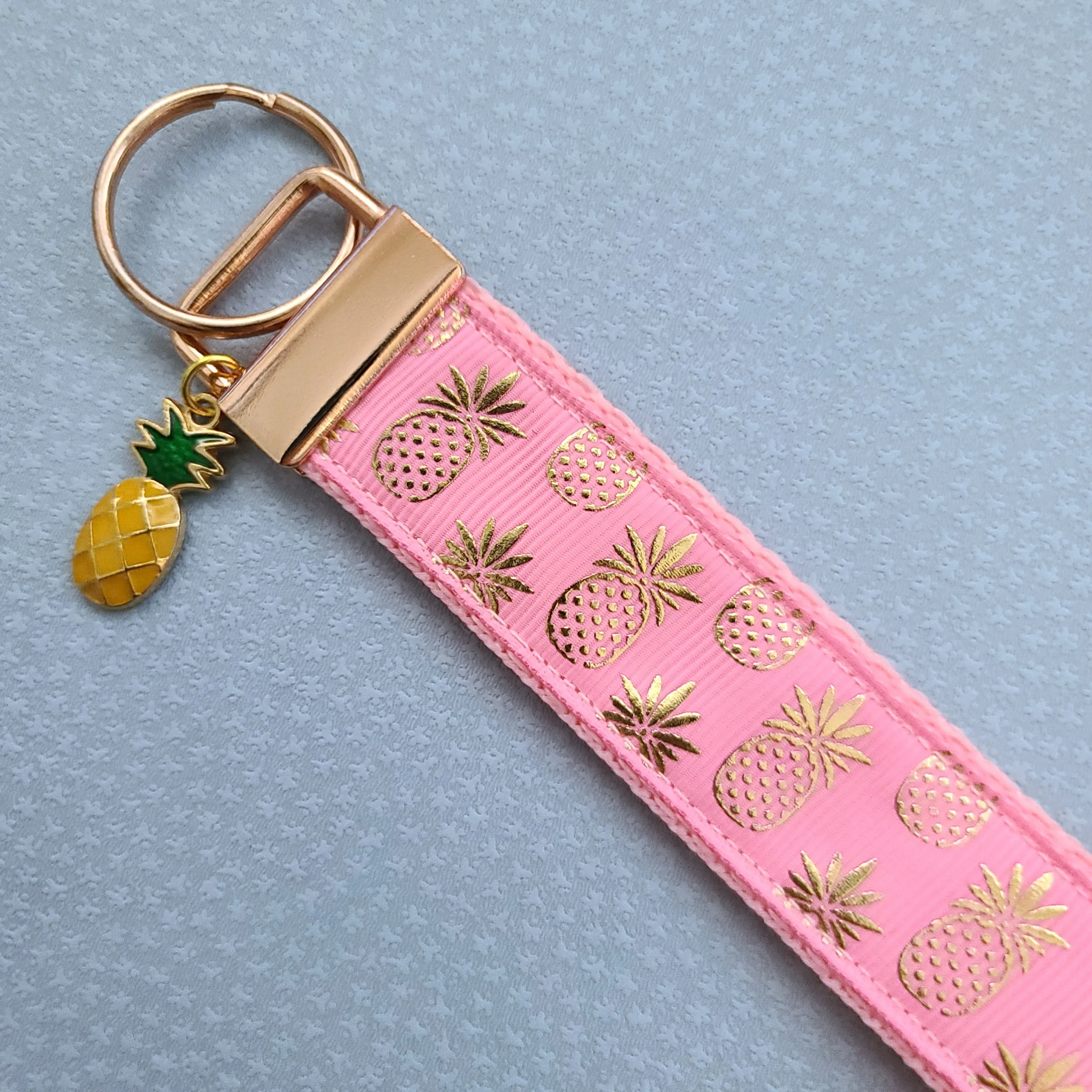 Pineapple Rose Gold Key Chain Fob - Foil printed Golden Pineapples with Adorable Pineapple Charm