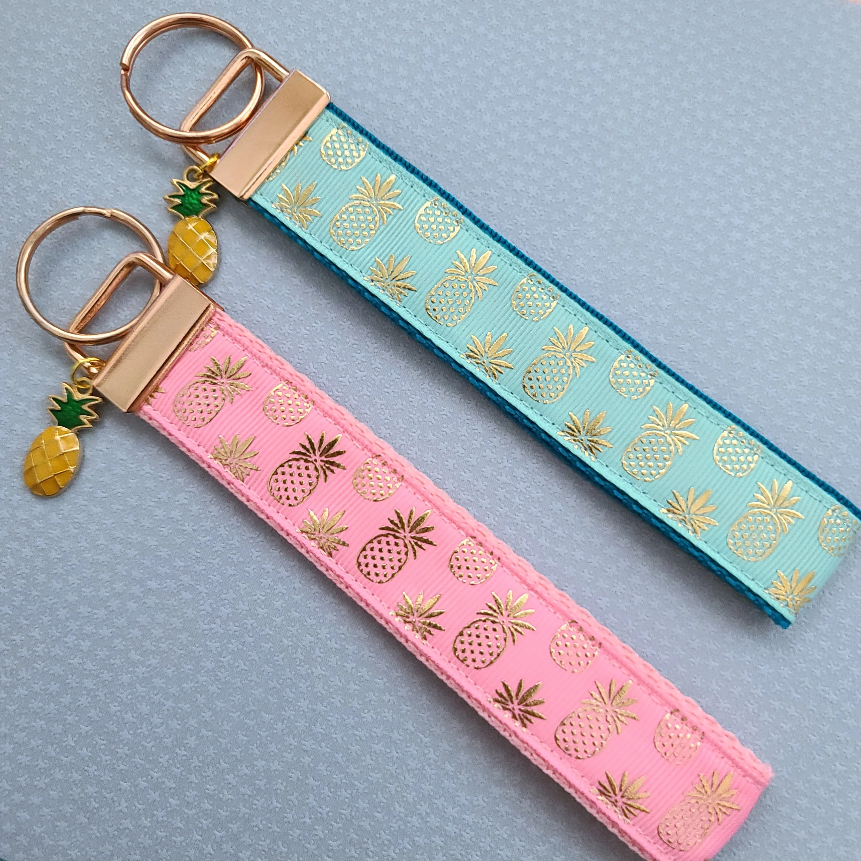 Pineapple Rose Gold Key Chain Fob - Foil printed Golden Pineapples with Adorable Pineapple Charm