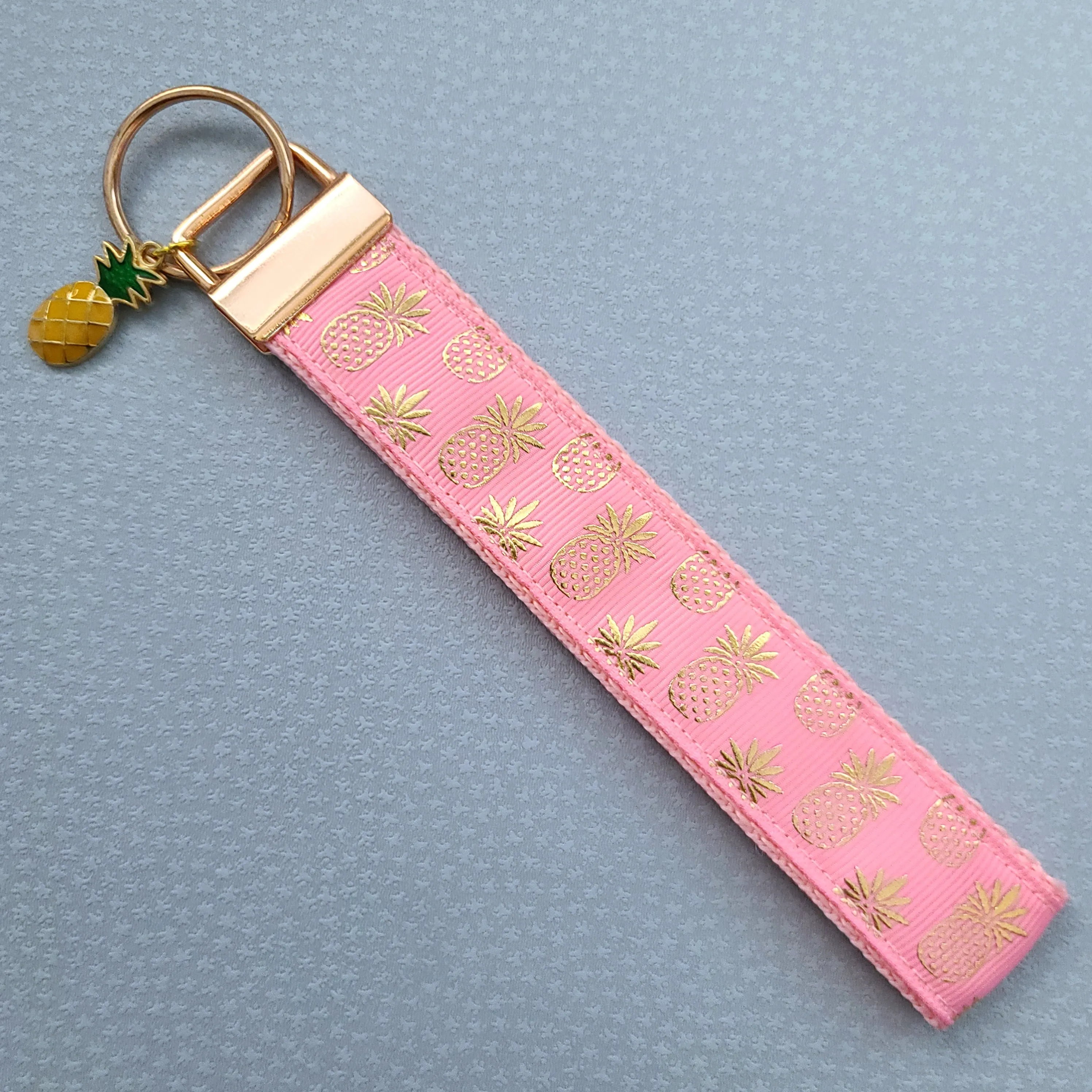 Pineapple Rose Gold Key Chain Fob - Foil printed Golden Pineapples with Adorable Pineapple Charm