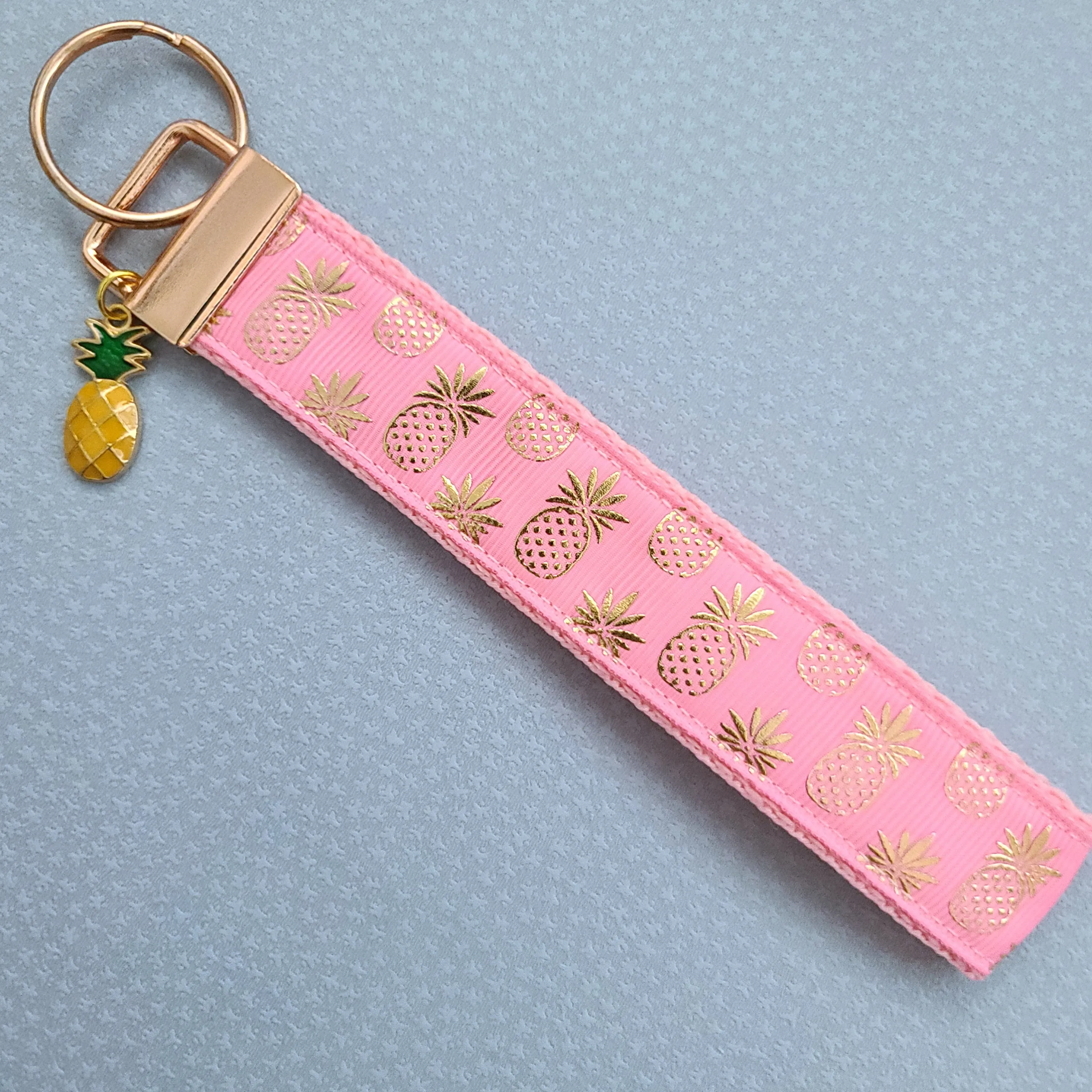Pineapple Rose Gold Key Chain Fob - Foil printed Golden Pineapples with Adorable Pineapple Charm