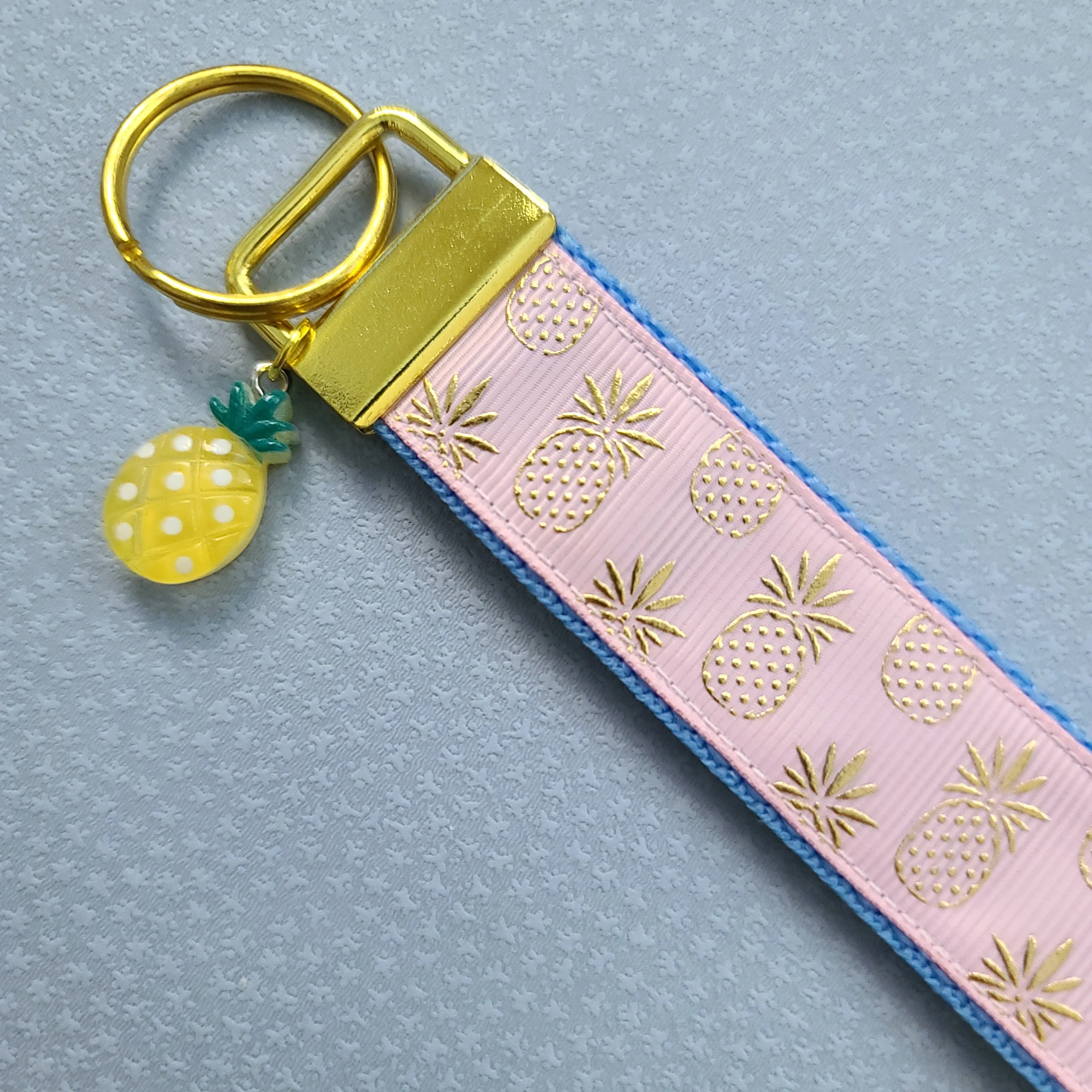 Pineapple Rose Gold Key Chain Fob - Foil printed Golden Pineapples with Adorable Pineapple Charm