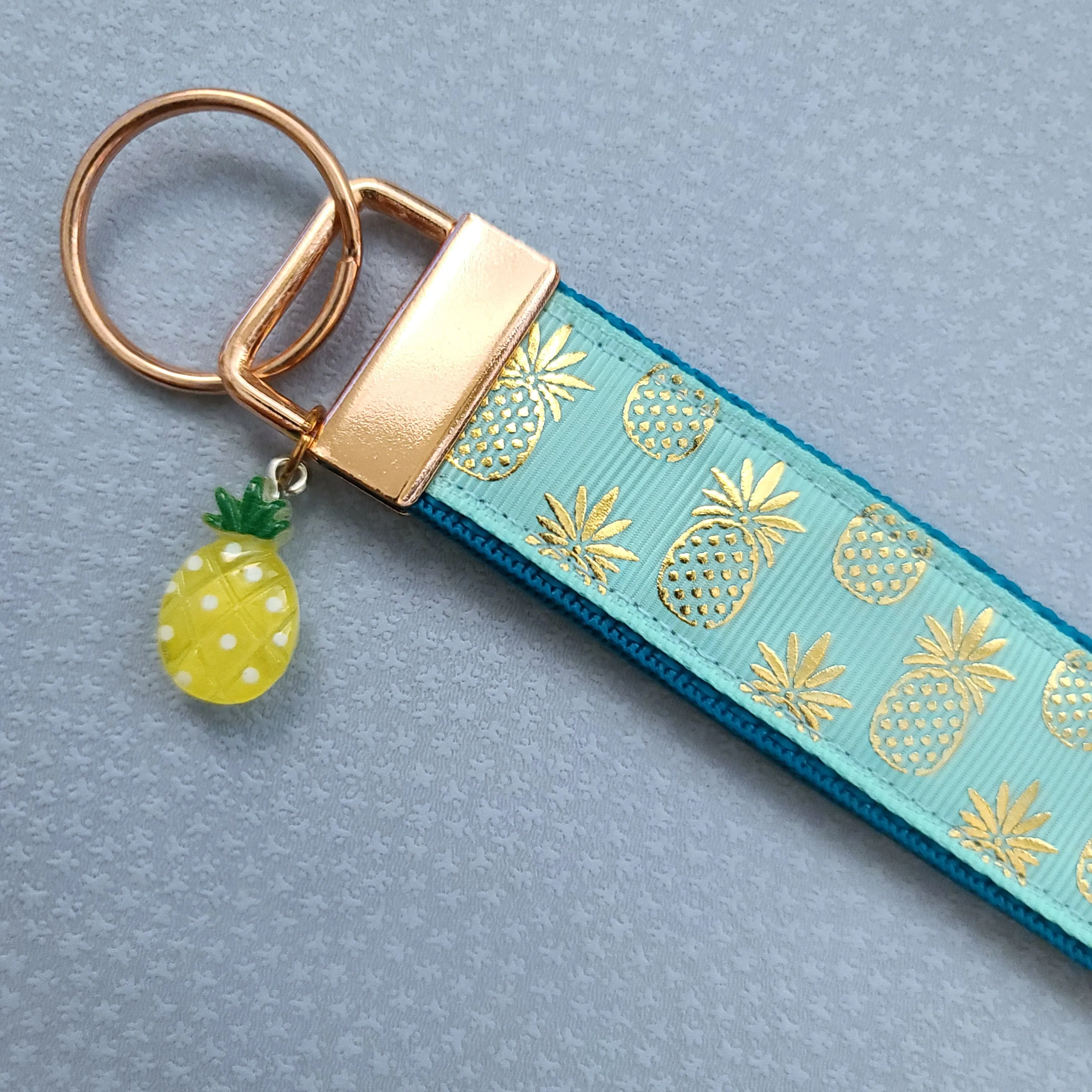 Pineapple Rose Gold Key Chain Fob - Foil printed Golden Pineapples with Adorable Pineapple Charm