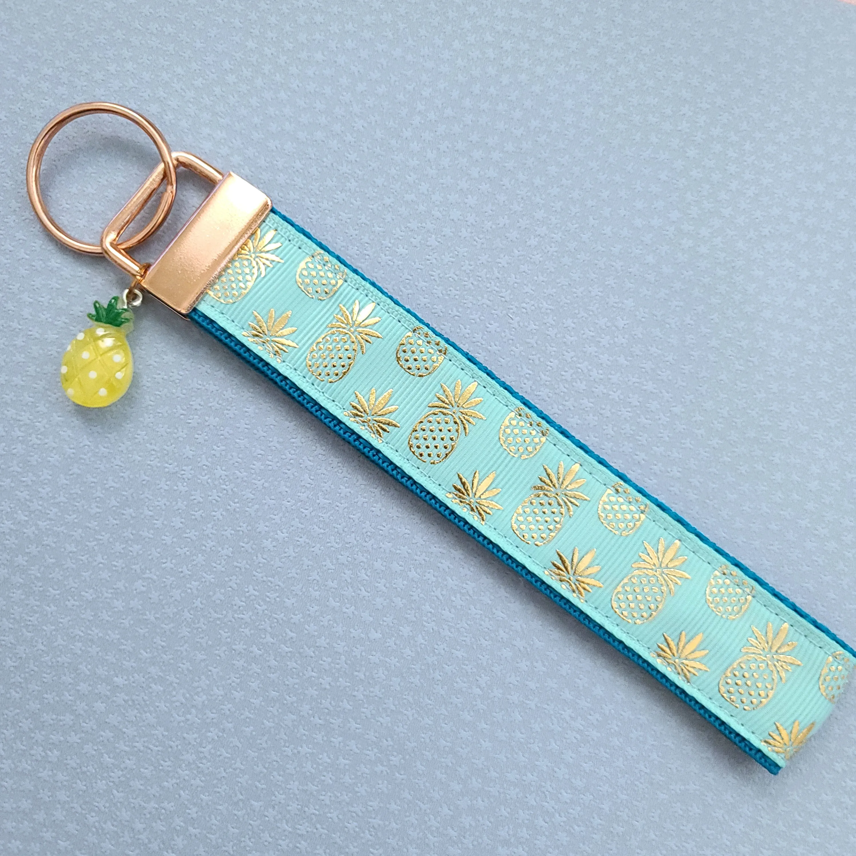 Pineapple Rose Gold Key Chain Fob - Foil printed Golden Pineapples with Adorable Pineapple Charm