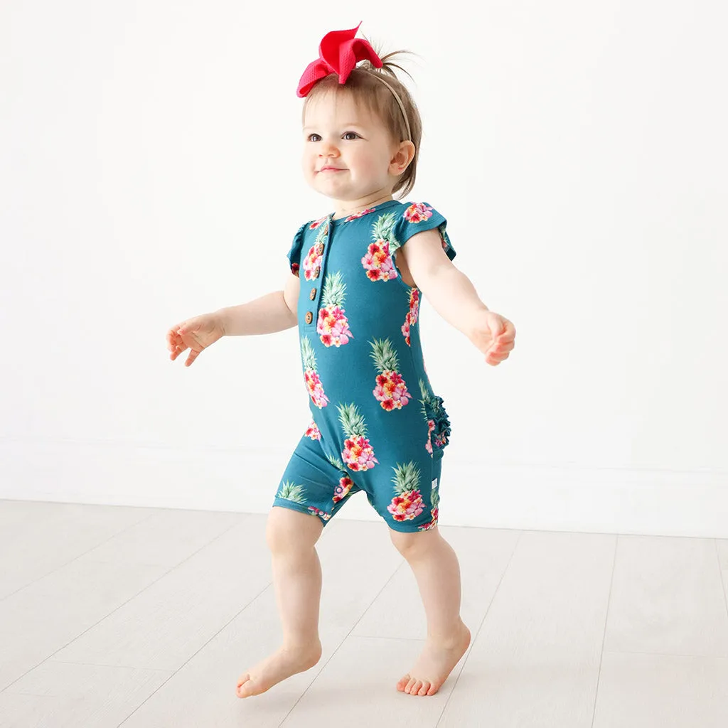 Posh Peanut Ananans Henley Ruffled Capsleeve Short Length Romper