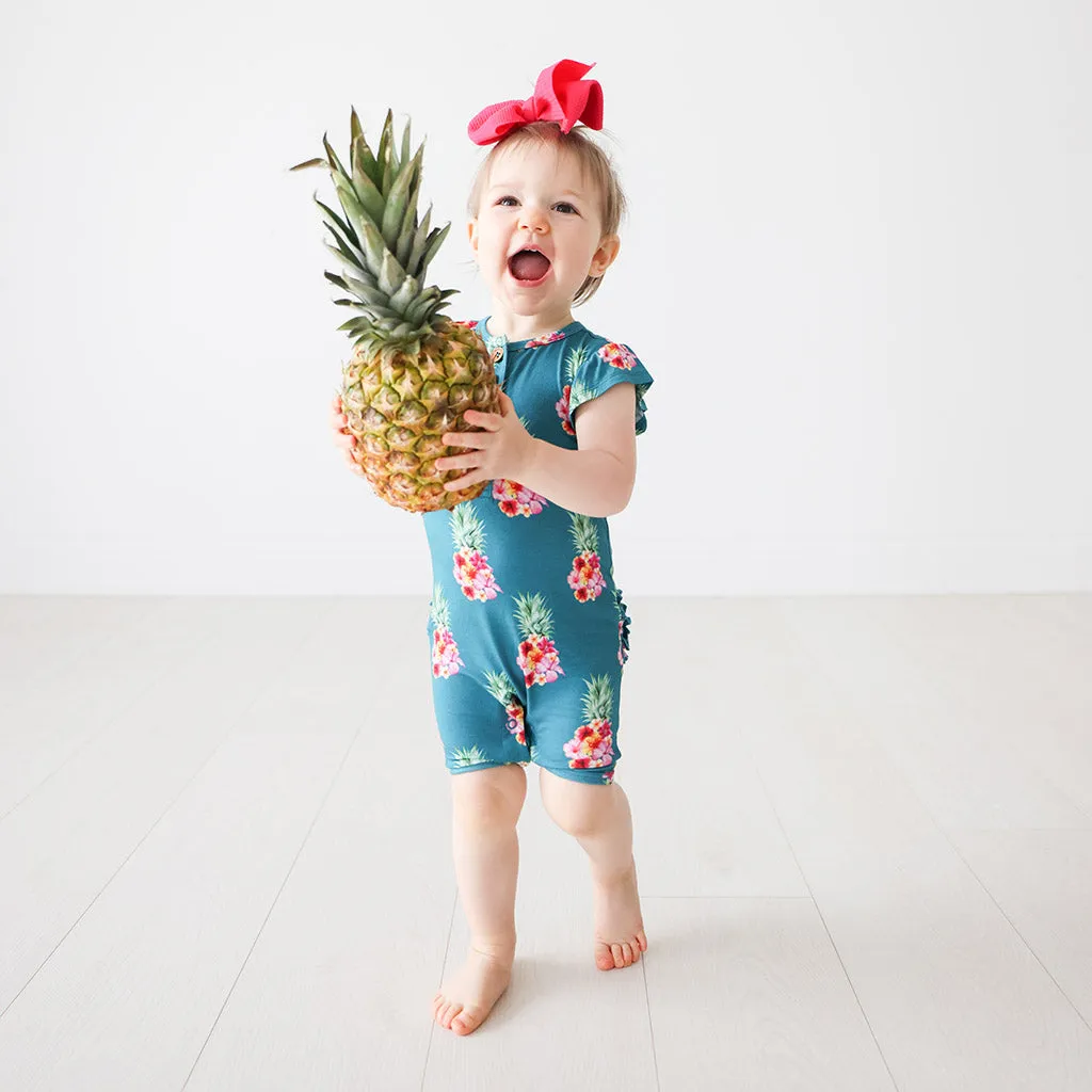 Posh Peanut Ananans Henley Ruffled Capsleeve Short Length Romper