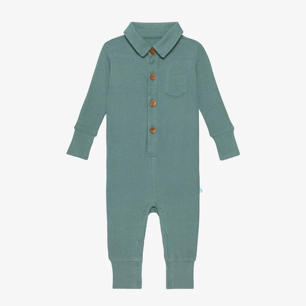 Posh Peanut Arctic Waffle L/S Collared Henley Long Romper