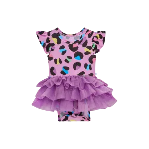 Posh Peanut Cap Sleeve Ruffled Girls Tulle Skirt Bodysuit in Electric Leopard