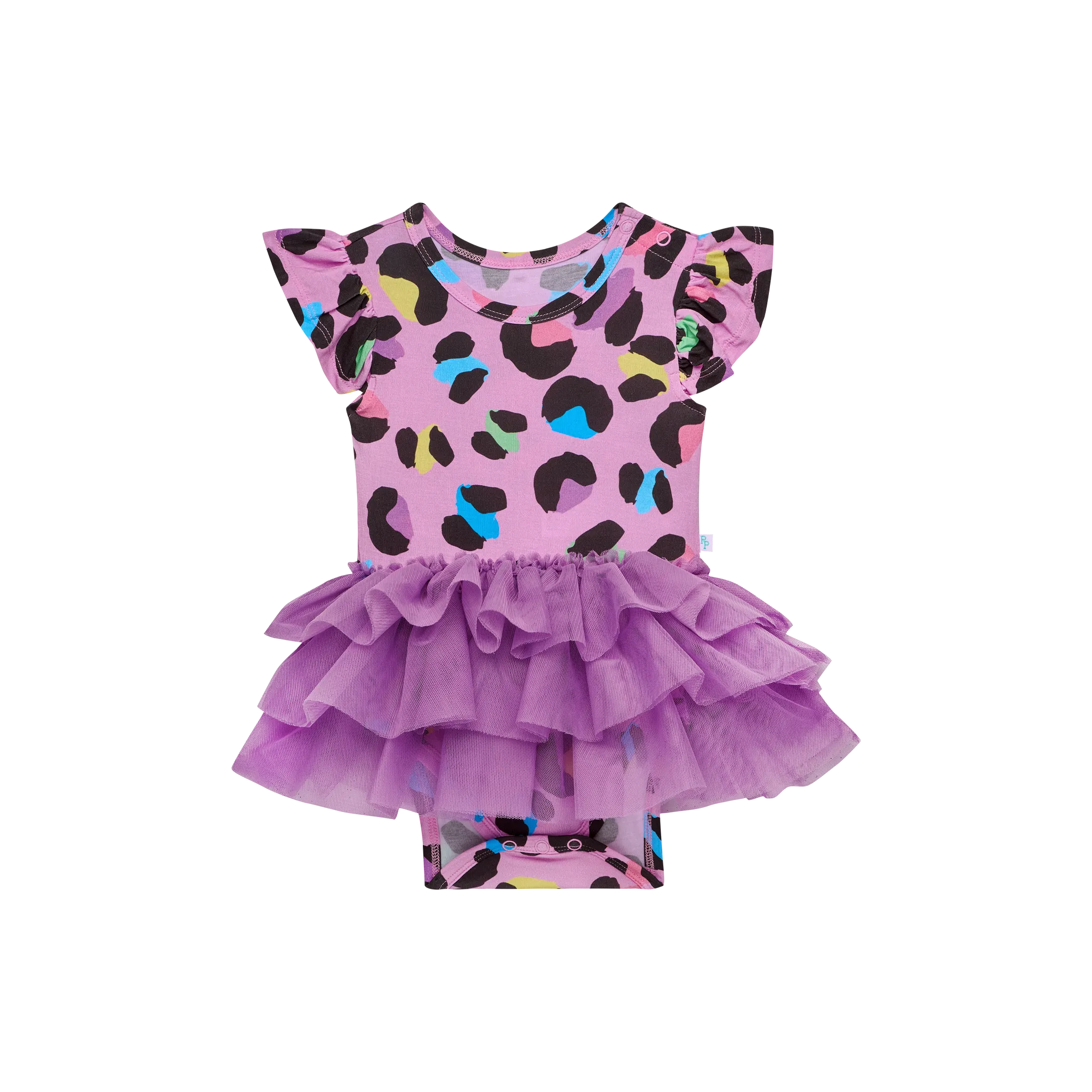 Posh Peanut Cap Sleeve Ruffled Girls Tulle Skirt Bodysuit in Electric Leopard