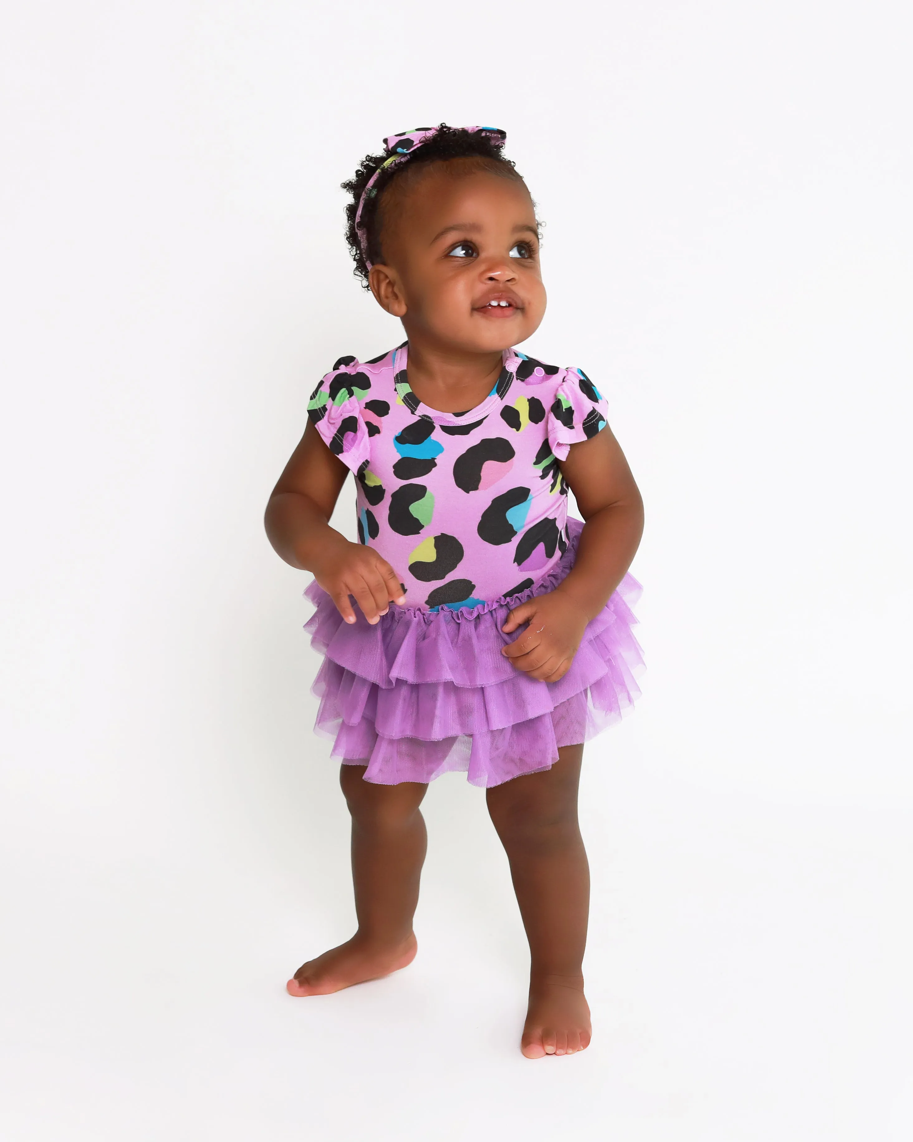 Posh Peanut Cap Sleeve Ruffled Girls Tulle Skirt Bodysuit in Electric Leopard