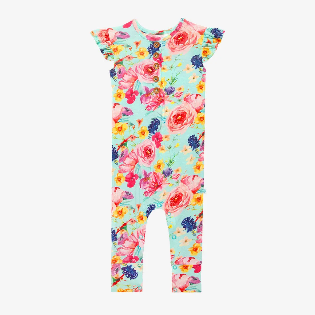 Posh Peanut Olivia Mae Ruffled Capsleeve Henley Romper