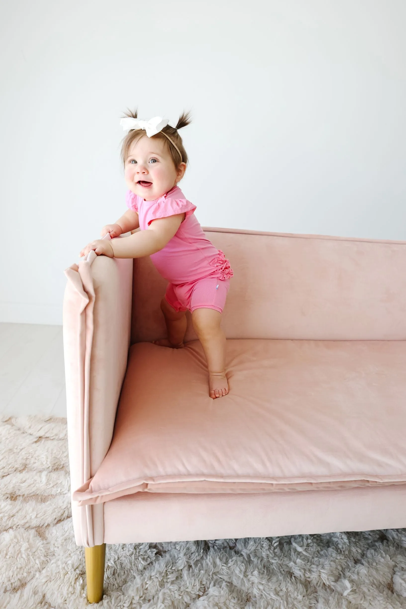 Posh Peanut Pink Lemonade Ruffled Capsleeve Short Length Romper