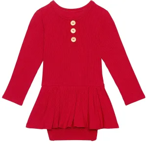 Posh Peanut Solid Ribbed Crimson L/S Henley Twirl Skirt Bodysuit