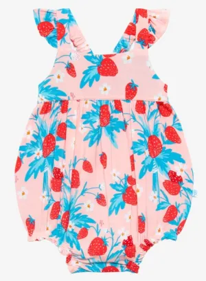 Posh Peanut Strawberry Ruffled Capsleeve Bubble Romper