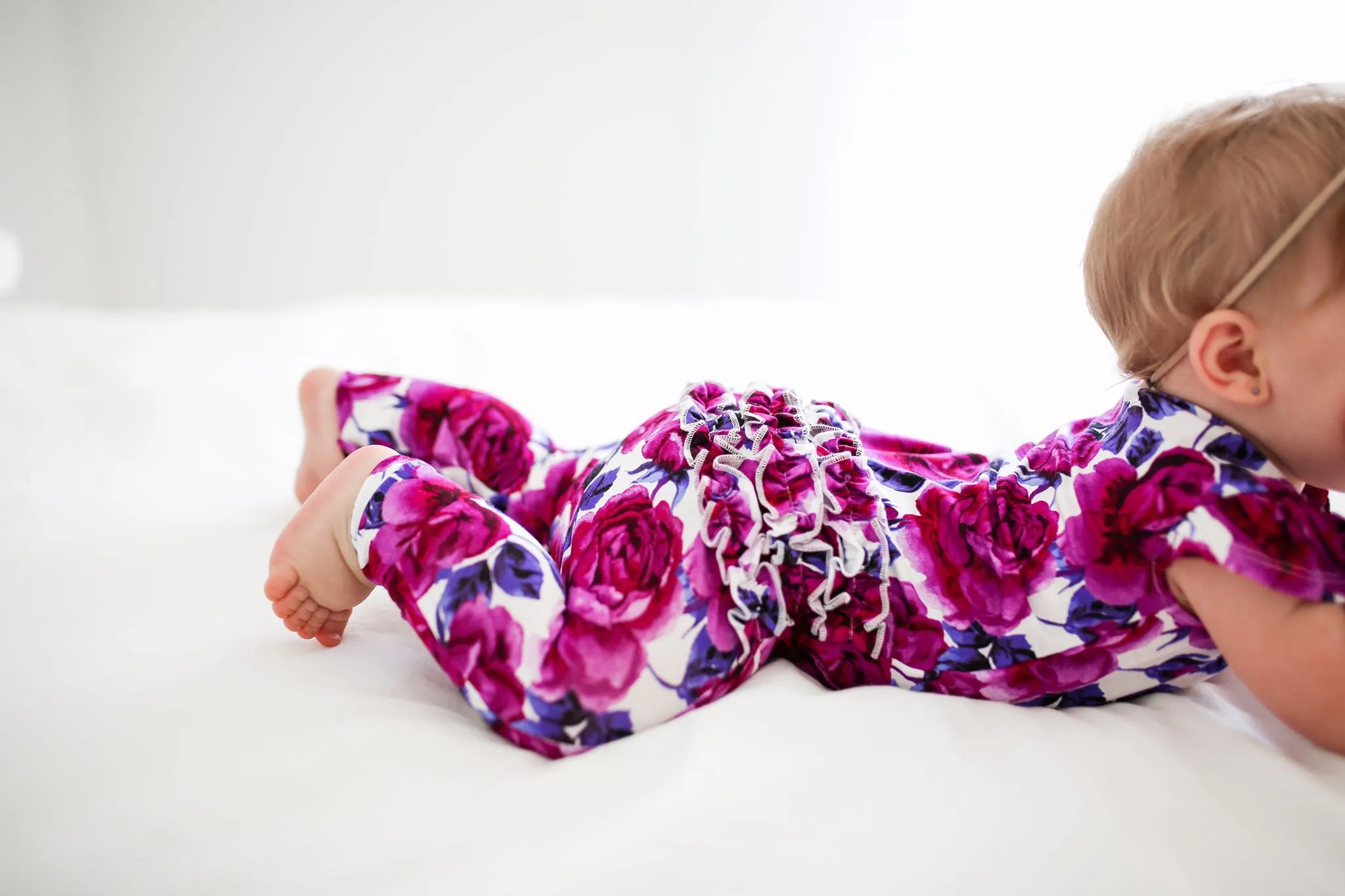Posh Peanut Violet Ruffled Capsleeve Henley Romper