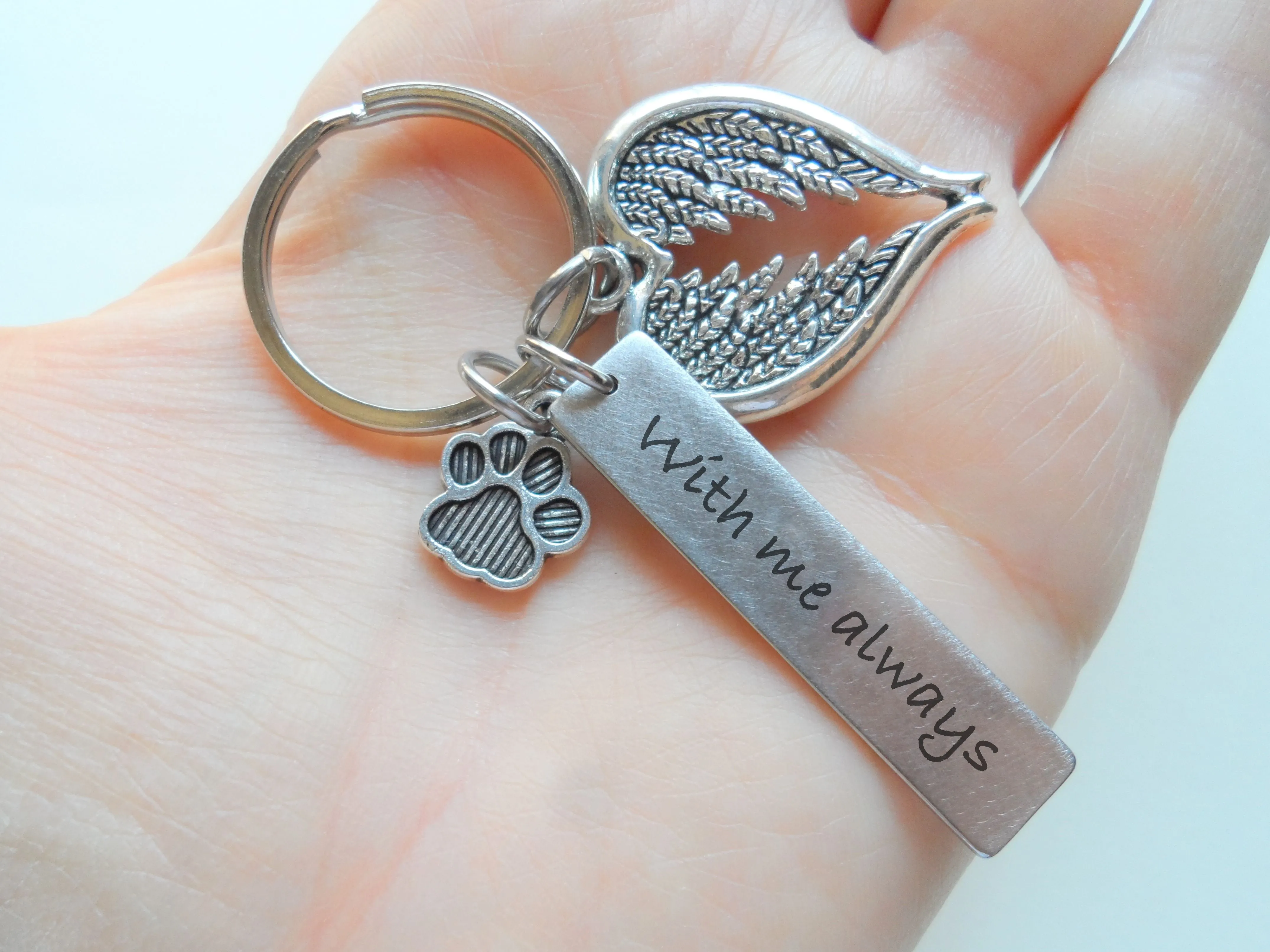 "With Me Always" Engraved Tag Keychain with Paw & Wings Charm, Pet Memorial Keychain