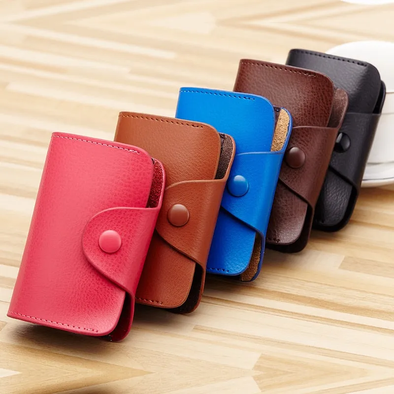 Realaiot Cow Split Leather Men & Women Credit Card Holder Solid Hasp Accordion Business Card Bag Unisex ID Card Wallet