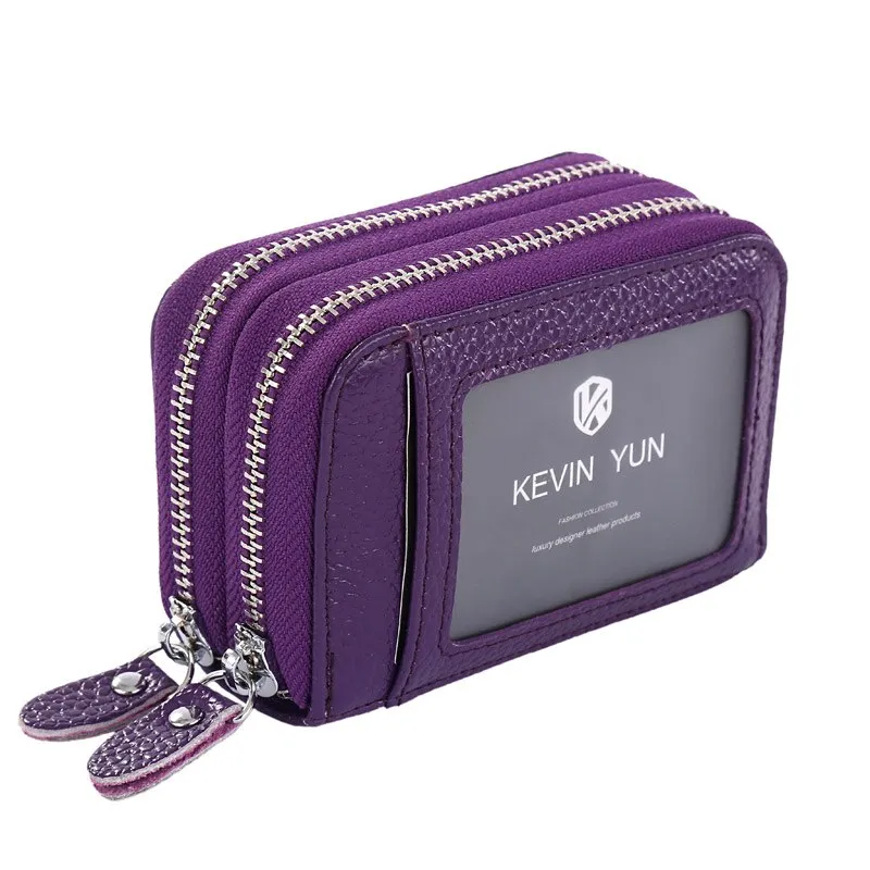 Realaiot Fashion Brand Women ID Card Holder Genuine Leather Double Zipper Ladies Credit Card Case Wallet Large Capacity