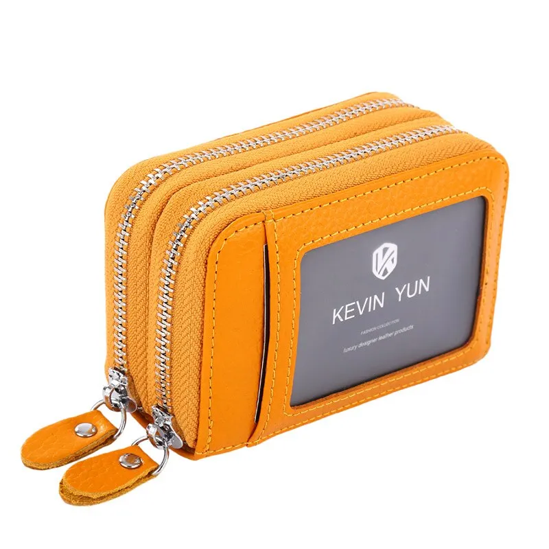 Realaiot Fashion Brand Women ID Card Holder Genuine Leather Double Zipper Ladies Credit Card Case Wallet Large Capacity