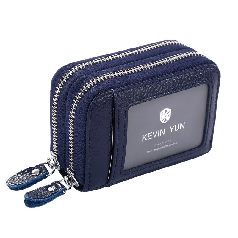 Realaiot Fashion Brand Women ID Card Holder Genuine Leather Double Zipper Ladies Credit Card Case Wallet Large Capacity