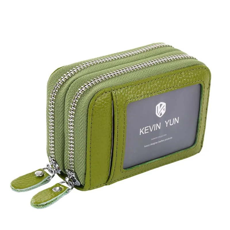 Realaiot Fashion Brand Women ID Card Holder Genuine Leather Double Zipper Ladies Credit Card Case Wallet Large Capacity