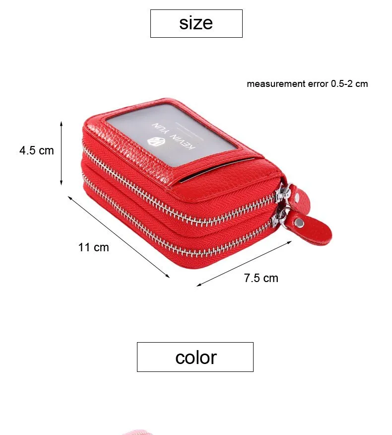 Realaiot Fashion Brand Women ID Card Holder Genuine Leather Double Zipper Ladies Credit Card Case Wallet Large Capacity