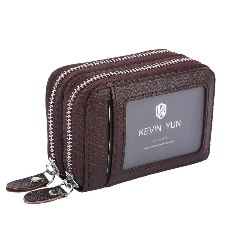 Realaiot Fashion Brand Women ID Card Holder Genuine Leather Double Zipper Ladies Credit Card Case Wallet Large Capacity